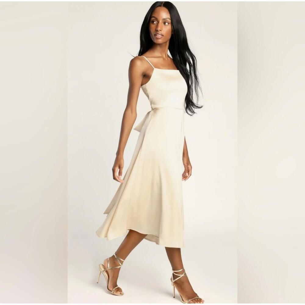 Lulus - Elegant Satin Midi Dress with Spaghetti Straps, Size XS